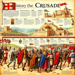 A detailed illustration depicting the history of the Crusades, beginning with the First Crusade in 1096 and culminating in the end of the Crusading movement