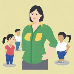 A high-resolution vector art, illustrating the struggles of an Asian female physical education teacher attempting to coach dangerous illegal immigrants, particularly from Mexico, who cannot grasp concepts or speak the same language