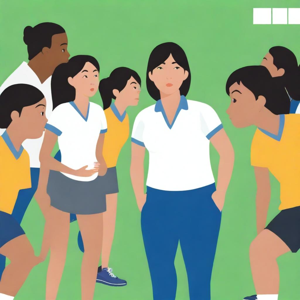 A high-resolution vector art, illustrating the struggles of an Asian female physical education teacher attempting to coach dangerous illegal immigrants, particularly from Mexico, who cannot grasp concepts or speak the same language