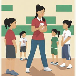 A high-resolution vector art, illustrating the struggles of an Asian female physical education teacher attempting to coach dangerous illegal immigrants, particularly from Mexico, who cannot grasp concepts or speak the same language