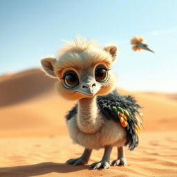 A whimsical and imaginative creature that is a hybrid between a baby camel and an ostrich