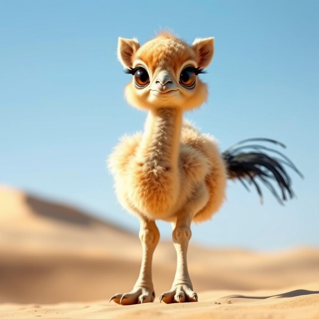 A whimsical and imaginative creature that is a hybrid between a baby camel and an ostrich