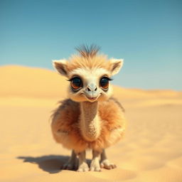 A whimsical and imaginative creature that is a hybrid between a baby camel and an ostrich