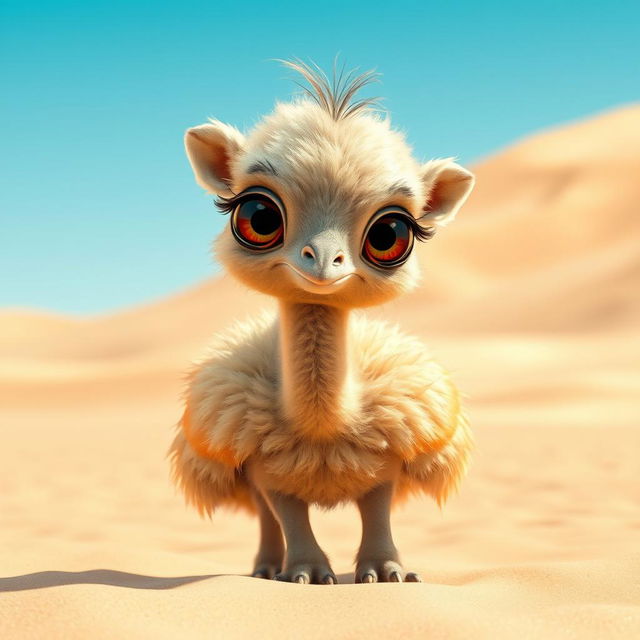 A whimsical and imaginative creature that is a hybrid between a baby camel and an ostrich