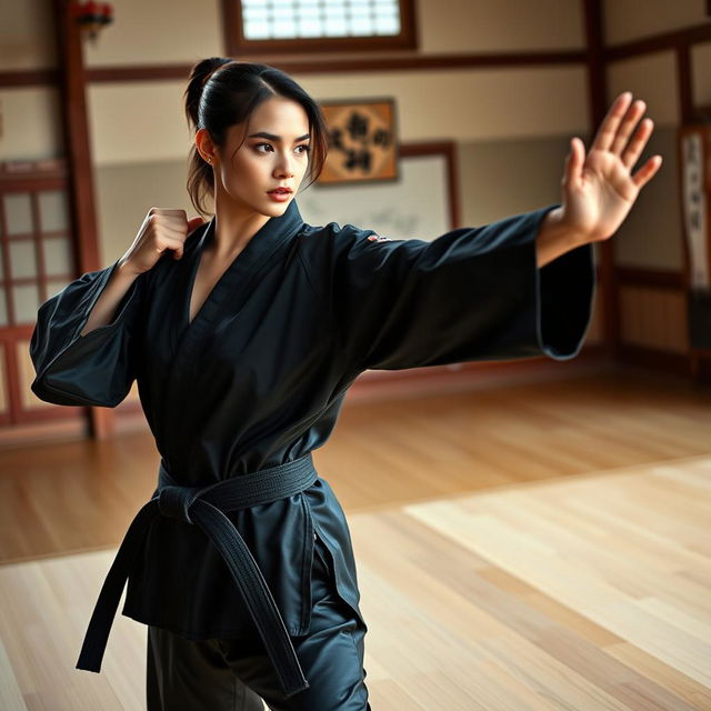 A beautiful martial arts instructor, showcasing strength and elegance, wearing a sleek black satin karate gi