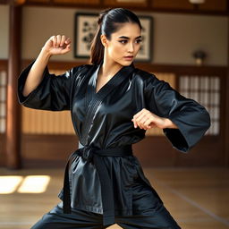 A beautiful martial arts instructor, showcasing strength and elegance, wearing a sleek black satin karate gi