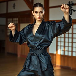 A beautiful martial arts instructor, showcasing strength and elegance, wearing a sleek black satin karate gi