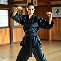 A beautiful martial arts instructor, showcasing strength and elegance, wearing a sleek black satin karate gi