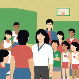 A high-resolution vector art, illustrating the struggles of an Asian female physical education teacher attempting to coach dangerous illegal immigrants, particularly from Mexico, who cannot grasp concepts or speak the same language