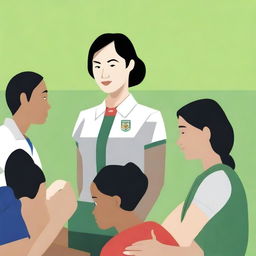 A high-resolution vector art, illustrating the struggles of an Asian female physical education teacher attempting to coach dangerous illegal immigrants, particularly from Mexico, who cannot grasp concepts or speak the same language