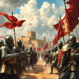 A richly detailed historical depiction of the First Crusade, showcasing knights in shining armor, vibrant banners fluttering, and a diverse group of soldiers including Christian warriors and local inhabitants