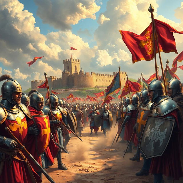 A richly detailed historical depiction of the First Crusade, showcasing knights in shining armor, vibrant banners fluttering, and a diverse group of soldiers including Christian warriors and local inhabitants