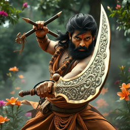 A dynamic and intense scene from an epic action film inspired by 'Pushpa 3', featuring a rugged hero wearing traditional Indian attire, with a fierce expression and a determined stance, set against a lush forest backdrop