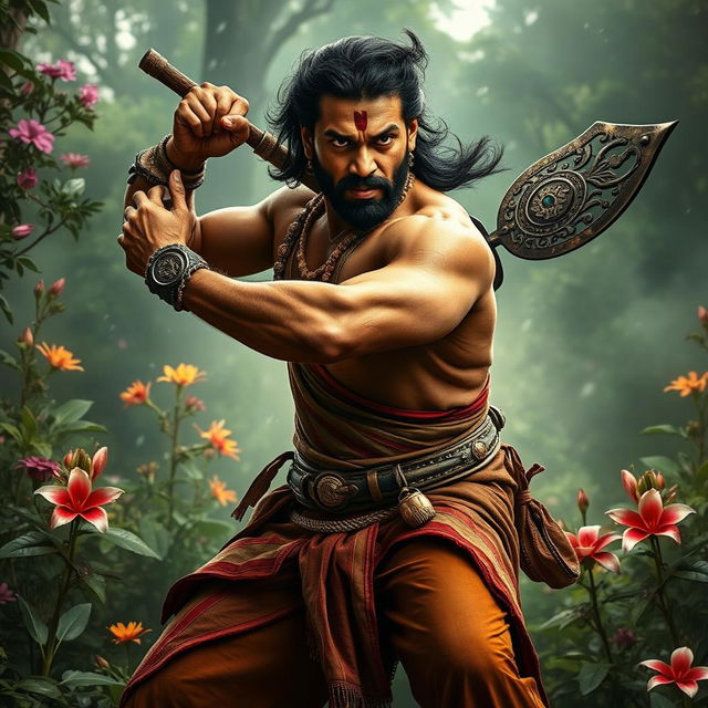 A dynamic and intense scene from an epic action film inspired by 'Pushpa 3', featuring a rugged hero wearing traditional Indian attire, with a fierce expression and a determined stance, set against a lush forest backdrop