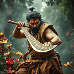 A dynamic and intense scene from an epic action film inspired by 'Pushpa 3', featuring a rugged hero wearing traditional Indian attire, with a fierce expression and a determined stance, set against a lush forest backdrop