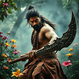 A dynamic and intense scene from an epic action film inspired by 'Pushpa 3', featuring a rugged hero wearing traditional Indian attire, with a fierce expression and a determined stance, set against a lush forest backdrop