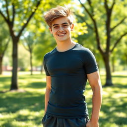 A fit teenage boy standing confidently in a sunlit park, wearing a stylish fitted t-shirt and athletic shorts