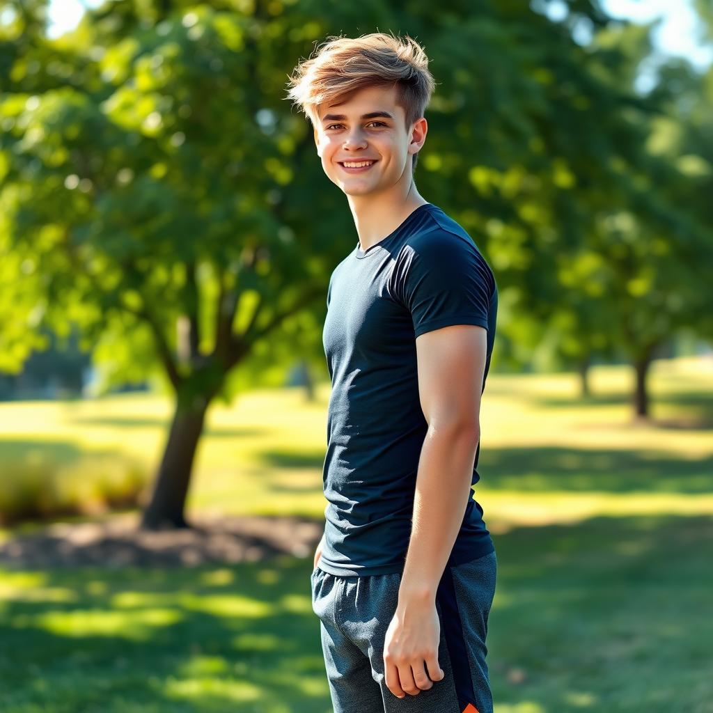 A fit teenage boy standing confidently in a sunlit park, wearing a stylish fitted t-shirt and athletic shorts