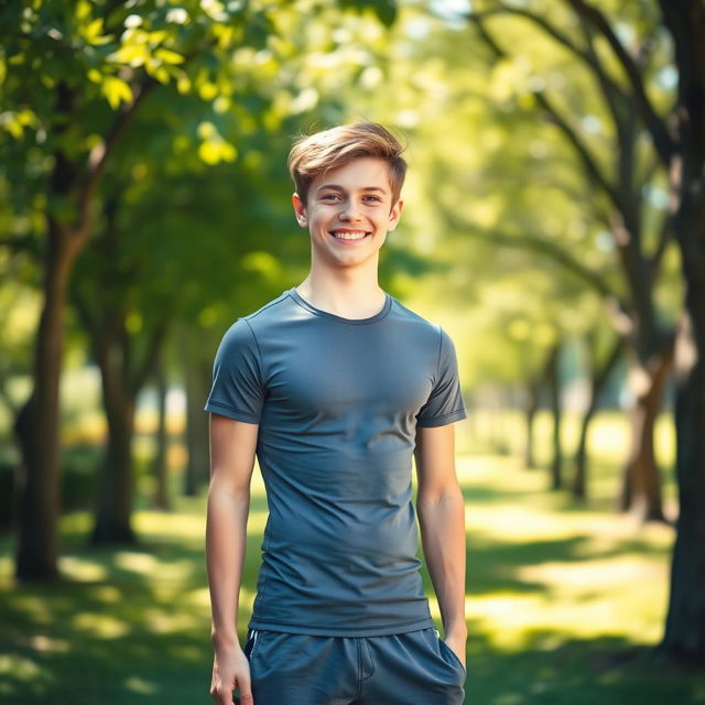 A fit teenage boy standing confidently in a sunlit park, wearing a stylish fitted t-shirt and athletic shorts