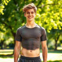 A fit teenage boy standing confidently in a sunlit park, wearing a stylish fitted t-shirt and athletic shorts