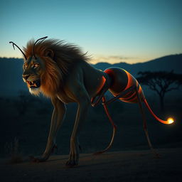 A majestic fusion of a lion and an ant, showcasing a powerful lion's muscular body and magnificent mane paired with slender, segmented legs resembling those of an ant