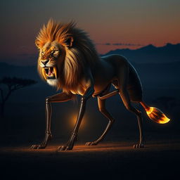 A majestic fusion of a lion and an ant, showcasing a powerful lion's muscular body and magnificent mane paired with slender, segmented legs resembling those of an ant