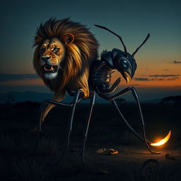 A majestic fusion of a lion and an ant, showcasing a powerful lion's muscular body and magnificent mane paired with slender, segmented legs resembling those of an ant