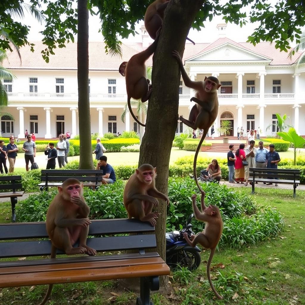 A playful scene featuring monkeys exploring the beautiful campus of the University of Peradeniya in Sri Lanka