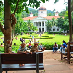 A playful scene featuring monkeys exploring the beautiful campus of the University of Peradeniya in Sri Lanka