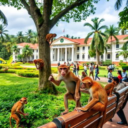 A playful scene featuring monkeys exploring the beautiful campus of the University of Peradeniya in Sri Lanka
