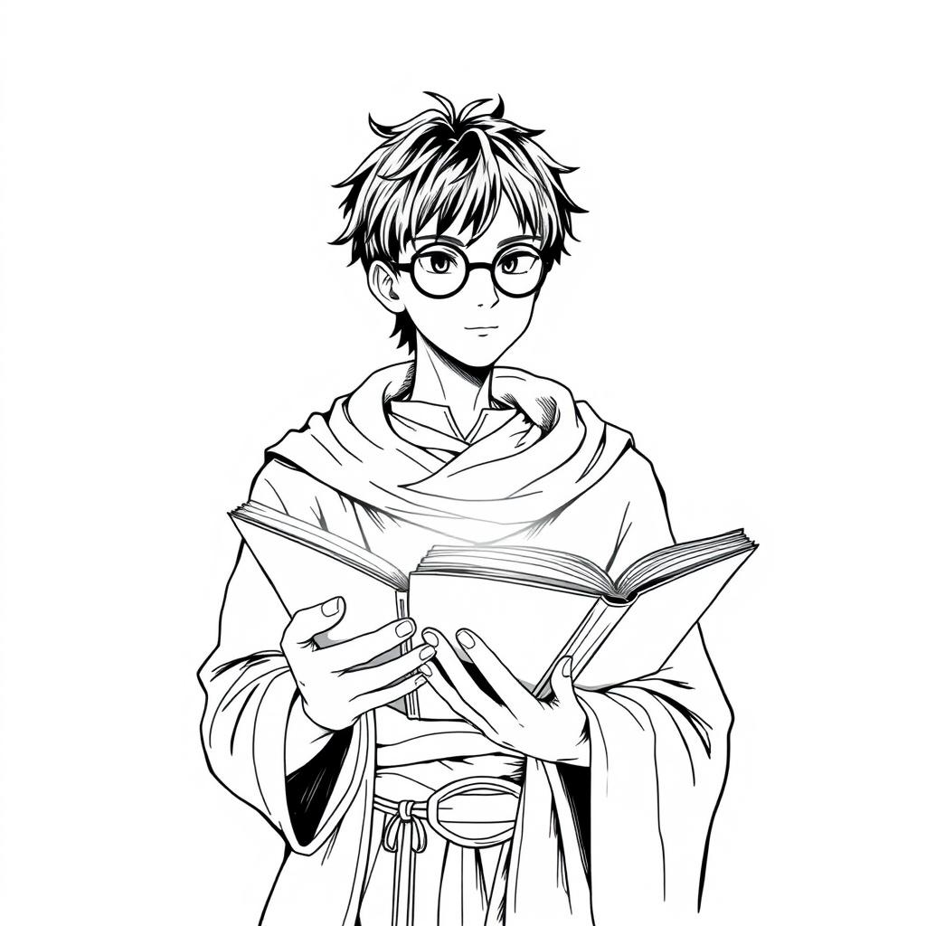 An adult human sorcerer with short black hair and round glasses, dressed in traditional mage clothing, illustrated in a detailed line art style