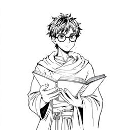 An adult human sorcerer with short black hair and round glasses, dressed in traditional mage clothing, illustrated in a detailed line art style