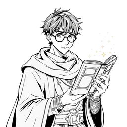 An adult human sorcerer with short black hair and round glasses, dressed in traditional mage clothing, illustrated in a detailed line art style