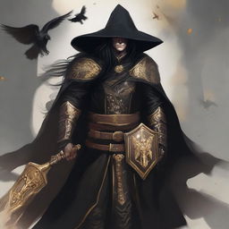 The image is a high-quality digital art featuring a male witch hunter