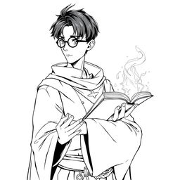 An adult human sorcerer with short black hair and round glasses, dressed in traditional mage clothing, illustrated in a detailed line art style