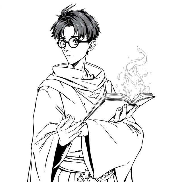 An adult human sorcerer with short black hair and round glasses, dressed in traditional mage clothing, illustrated in a detailed line art style