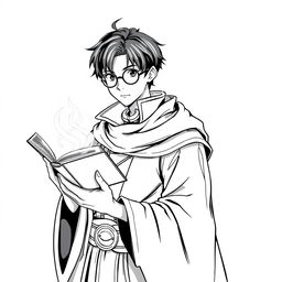 An adult human sorcerer with short black hair and round glasses, dressed in traditional mage clothing, illustrated in a detailed line art style