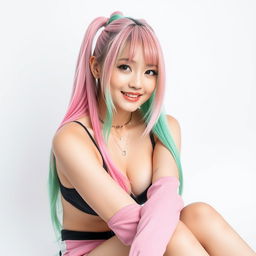 A beautiful Korean woman posing gracefully and attractively, with long pink and green hair styled in a hip-hop fashion