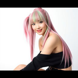 A beautiful Korean woman posing gracefully and attractively, with long pink and green hair styled in a hip-hop fashion