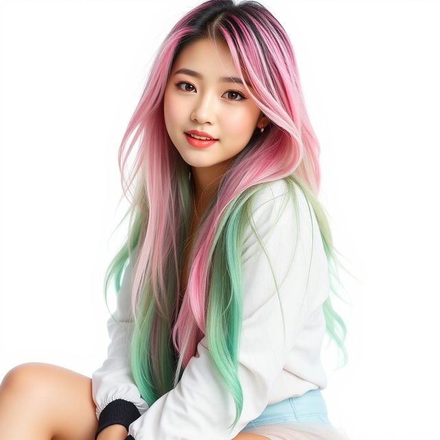 A beautiful Korean woman posing gracefully and attractively, with long pink and green hair styled in a hip-hop fashion