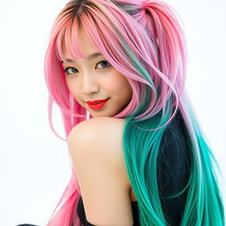 A beautiful Korean woman posing gracefully and attractively, with long pink and green hair styled in a hip-hop fashion