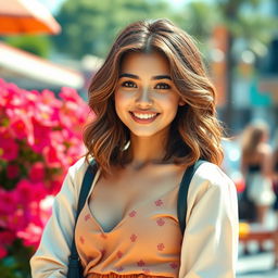 A cute and alluring young woman, 22 years old, with playful features and a charming smile, dressed in a stylish and fashionable outfit that showcases her confidence