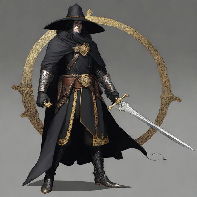 The image is a top-quality digital art showcasing a male witch hunter dressed in black robes and a matching cloak, complemented with golden hardware