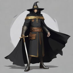 The image is a top-quality digital art showcasing a male witch hunter dressed in black robes and a matching cloak, complemented with golden hardware