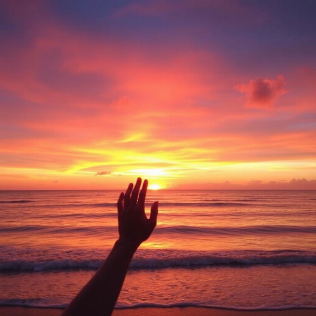 A beautiful and serene scene depicting a vibrant sunset over a calm sea, with soft waves gently lapping at the shore