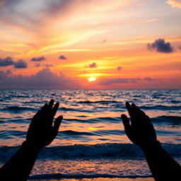 A beautiful and serene scene depicting a vibrant sunset over a calm sea, with soft waves gently lapping at the shore