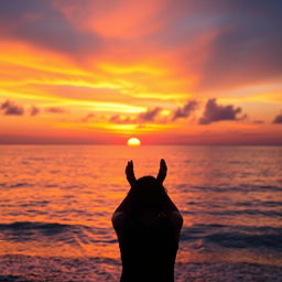 A beautiful and serene scene depicting a vibrant sunset over a calm sea, with soft waves gently lapping at the shore