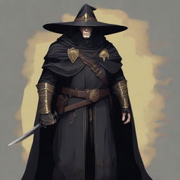 The image is a top-quality digital art showcasing a male witch hunter dressed in black robes and a matching cloak, complemented with golden hardware