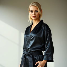 A stunning blonde woman wearing sleek black satin judo pajamas, exuding confidence and grace