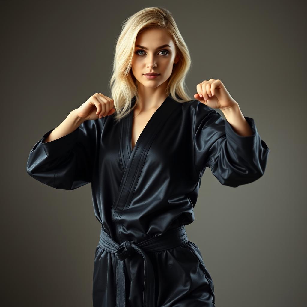 A stunning blonde woman wearing sleek black satin judo pajamas, exuding confidence and grace